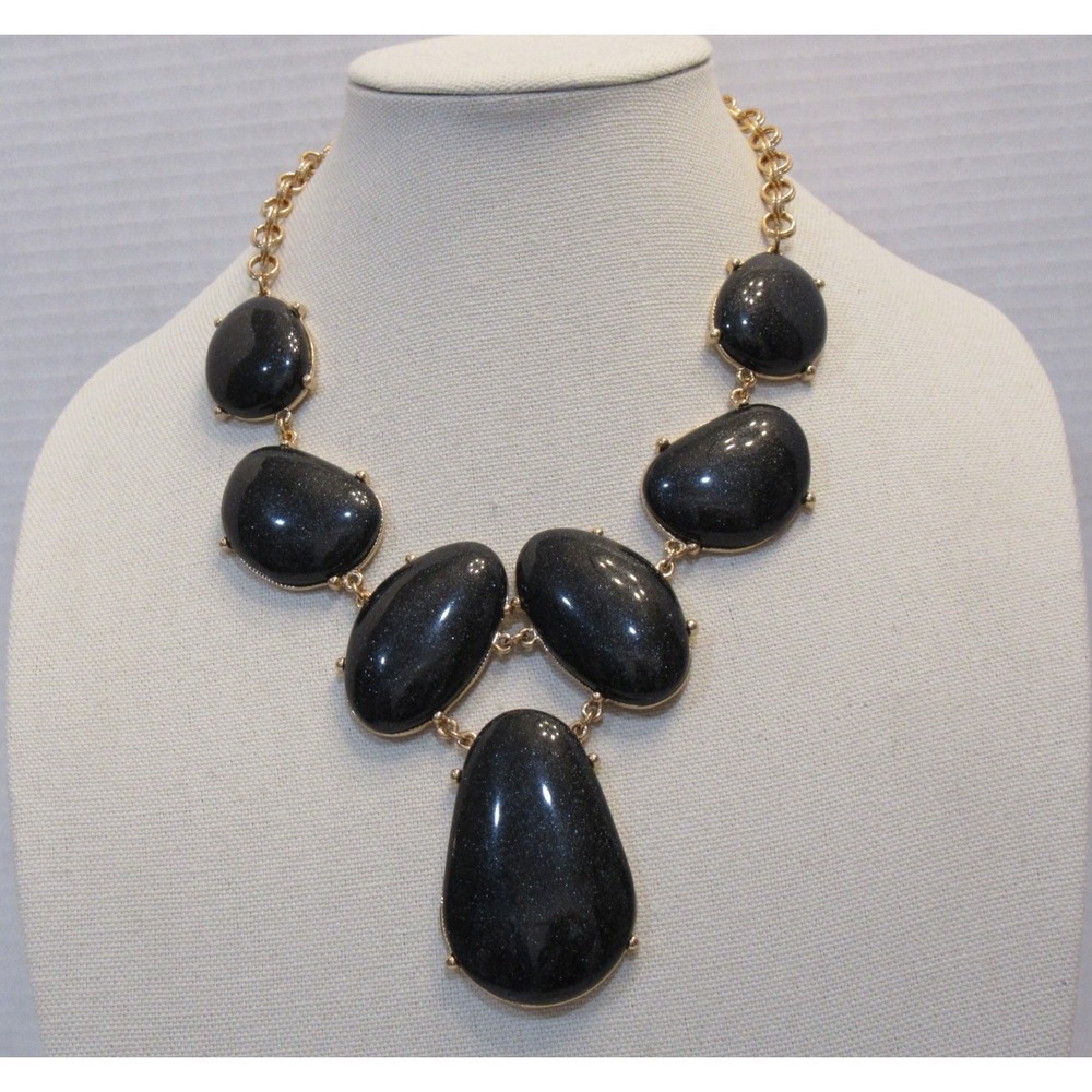 Bold Large Statement Necklace Black‎ Gold Tone Old Money Maximalist Loud Fashion